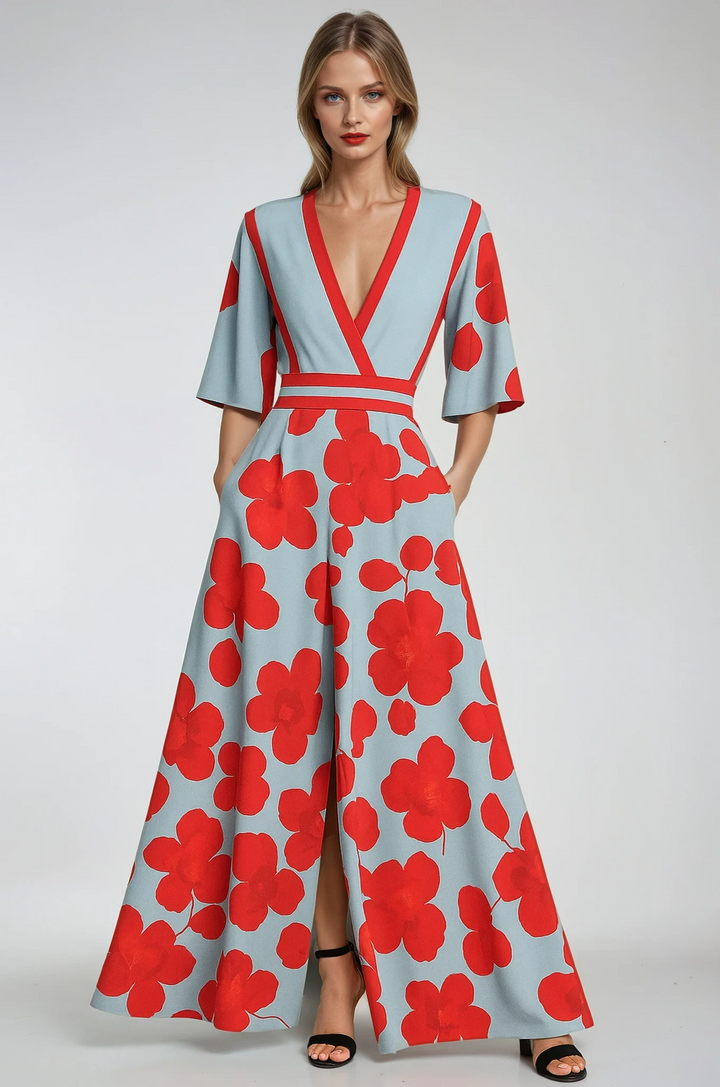 Vestido Maxi de Verano con Escote en V Floral