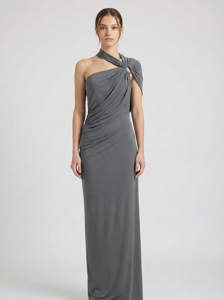 Vestido Maxi Drapado de Un Hombro con Silueta Esculpida