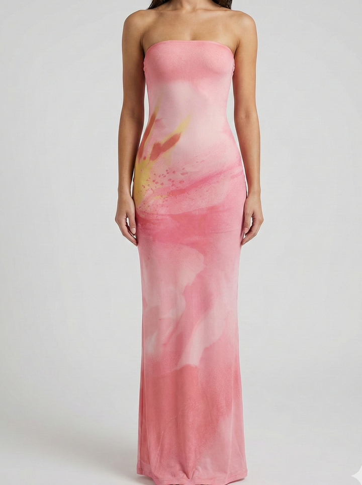 Vestido Maxi Impreso Sin Tirantes – Vestido Elegante de Verano para Mujeres