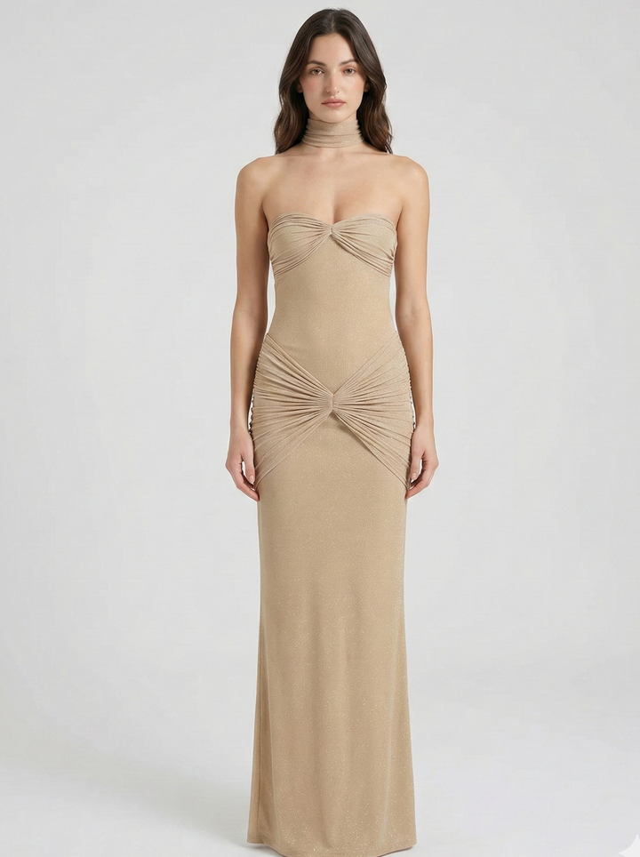 Vestido Maxi Sin Tirantes con Brillo – Elegante Vestido de Noche Arrugado para Mujeres