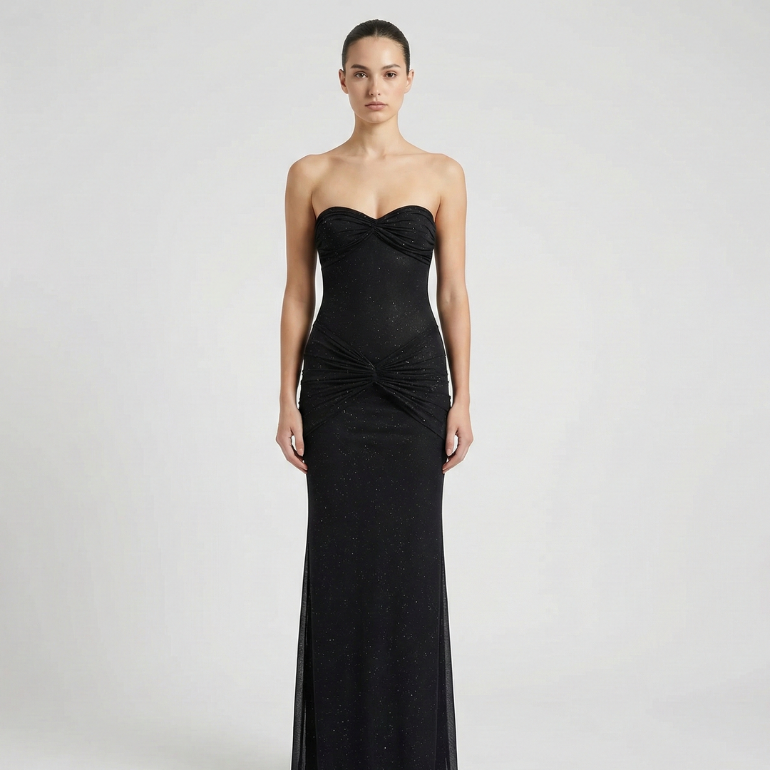 Vestido Maxi Sin Tirantes con Brillo – Elegante Vestido de Noche Arrugado para Mujeres