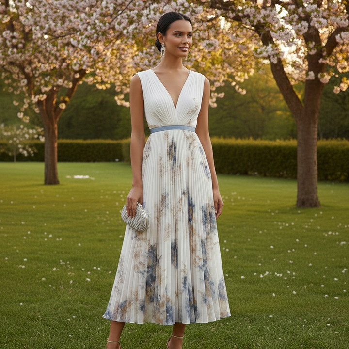 Elegante Vestido Floral de Ceremonia en Azul y Blanco