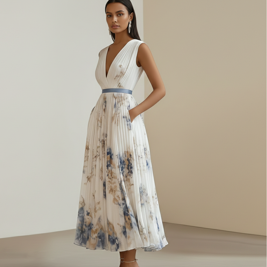 Elegante Vestido Floral de Ceremonia en Azul y Blanco