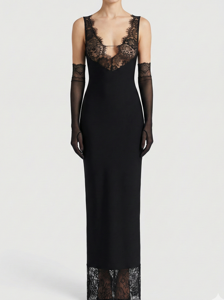 Vestido Maxi con Panel de Encaje – Vestido Elegante para la Silueta Nocturna de Mujeres