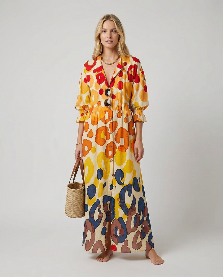 Vestido de Impresión de Círculo Geométrico – Estilo Vintage de Manga Abullonada A-Line para Verano
