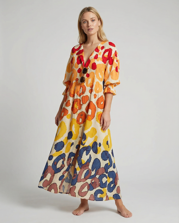Vestido de Impresión de Círculo Geométrico – Estilo Vintage de Manga Abullonada A-Line para Verano