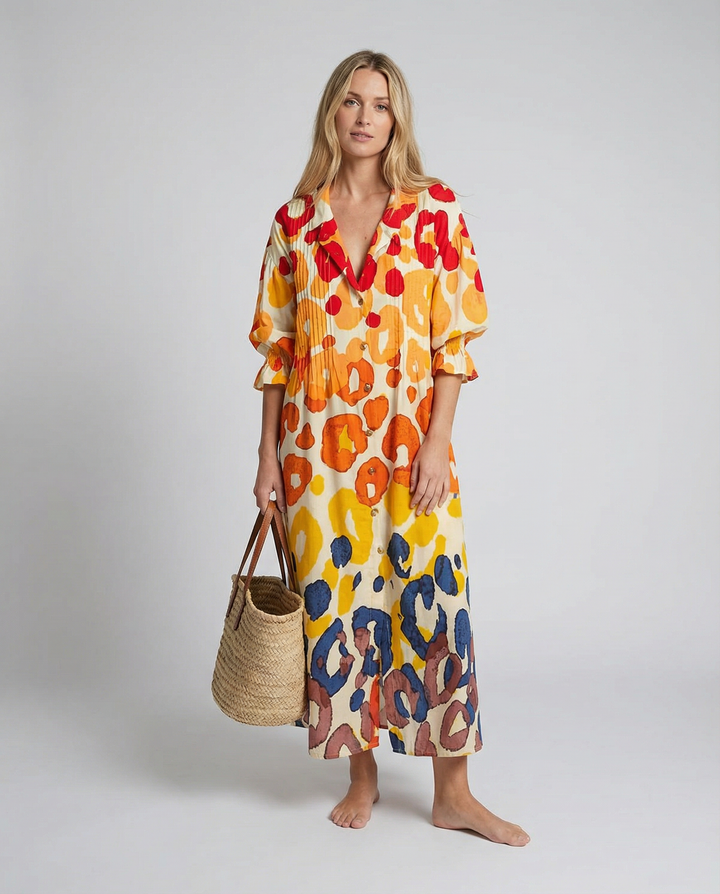Vestido de Impresión de Círculo Geométrico – Estilo Vintage de Manga Abullonada A-Line para Verano
