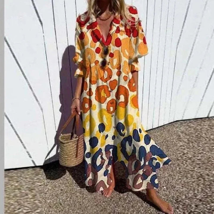 Vestido de Impresión de Círculo Geométrico – Estilo Vintage de Manga Abullonada A-Line para Verano