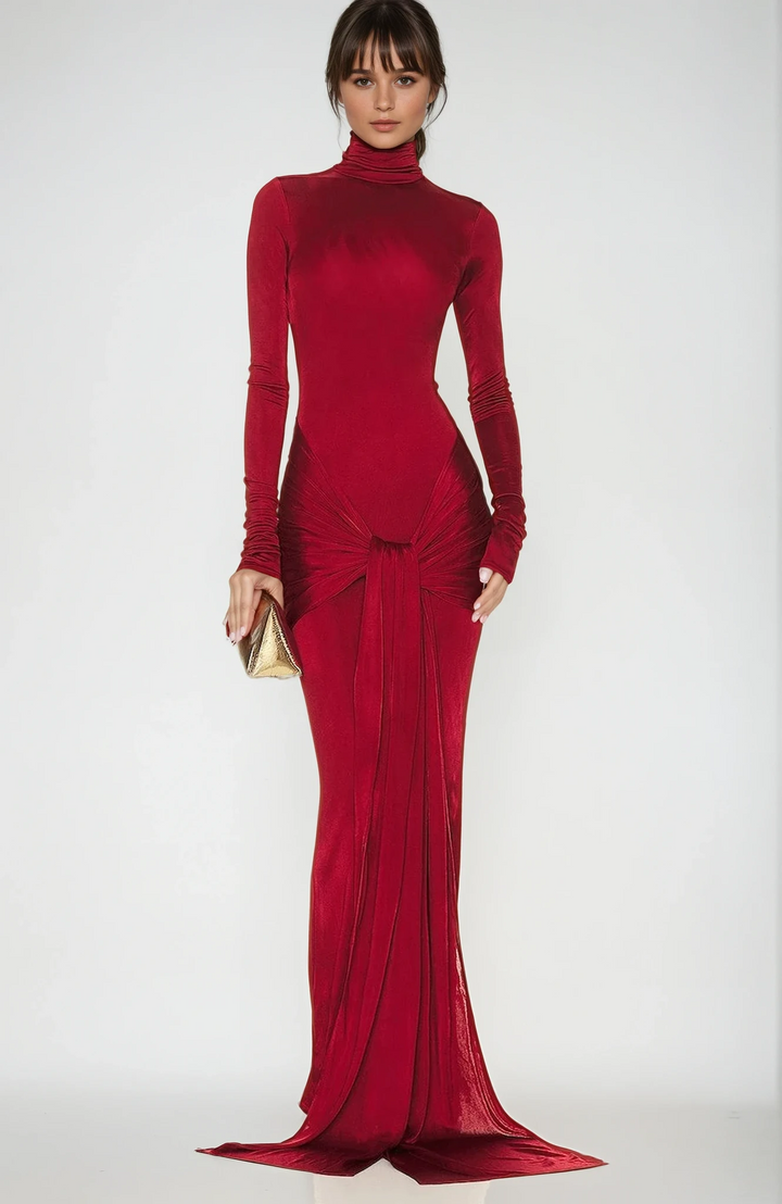Vestido Maxi Formal de Cuello Alto Rojo