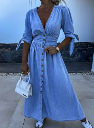 Runa | Vestido Midi de Botones en V para Mujeres