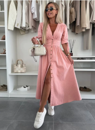 Runa | Vestido Midi de Botones en V para Mujeres