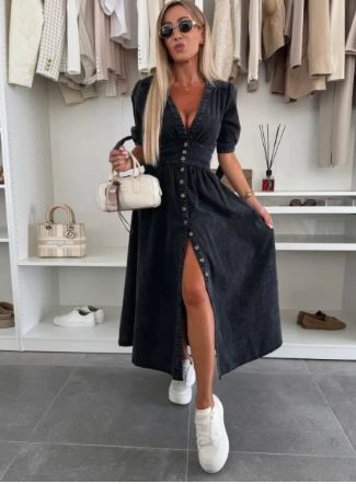 Runa | Vestido Midi de Botones en V para Mujeres