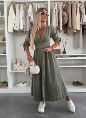 Runa | Vestido Midi de Botones en V para Mujeres