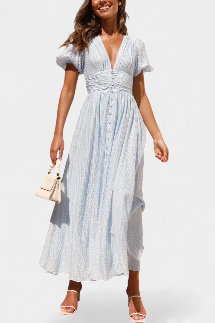 Mélia Vestido Maxi con Escote en V y Mangas Abullonadas