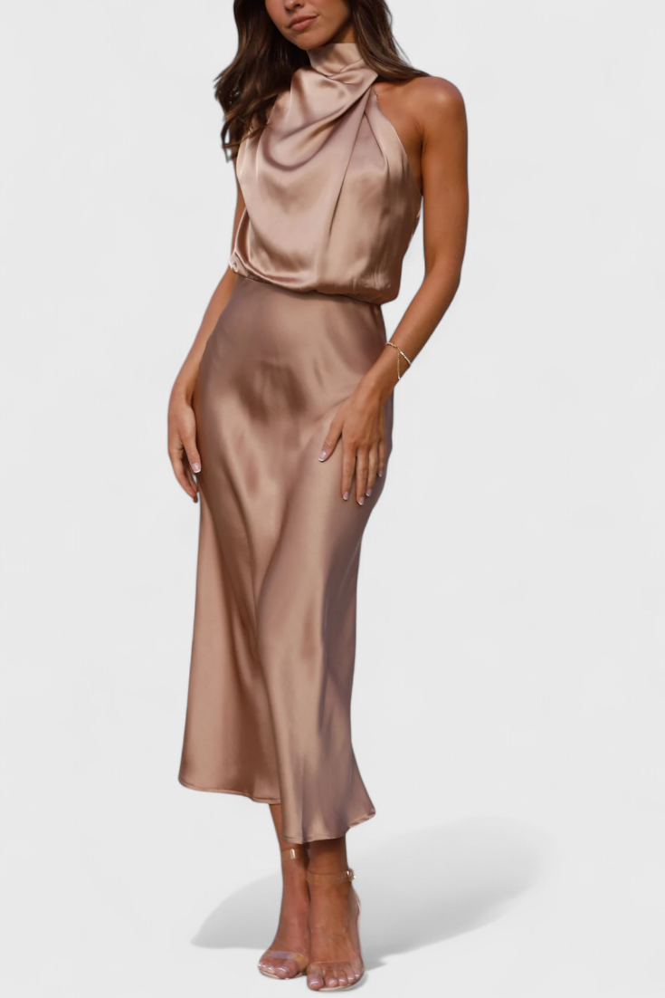 Rina Vestido Elegante de Cuello Halter Drapeado
