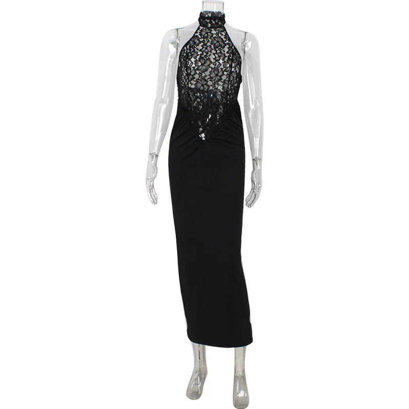 Vestido Maxi Halter de Encaje – Vestido de Noche Elegante y Esculpido para Mujeres