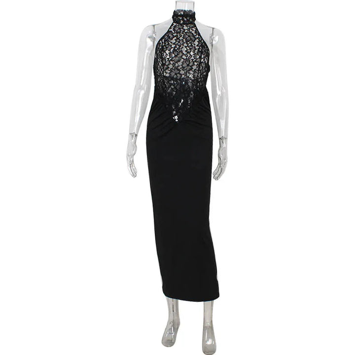 Vestido Maxi Halter de Encaje – Vestido de Noche Elegante y Esculpido para Mujeres