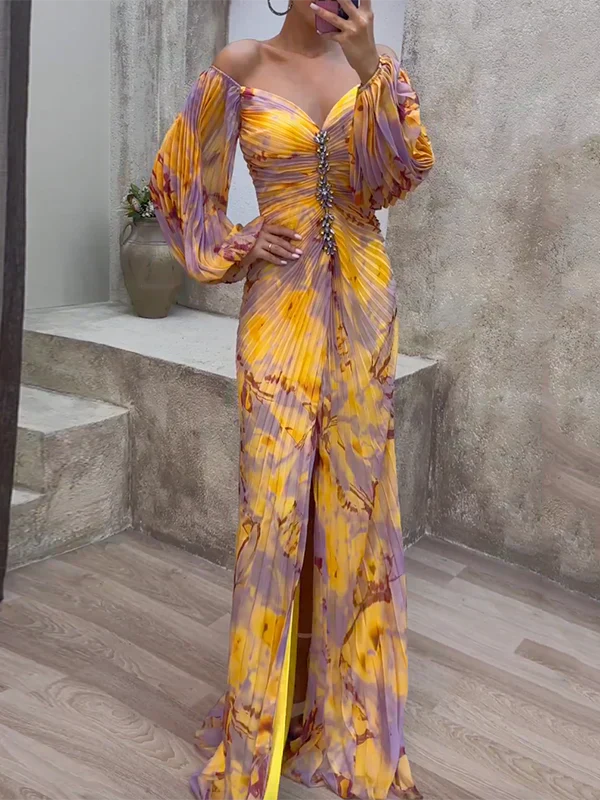 Vestido Maxi de Noche Lujoso - Amarillo y púrpura