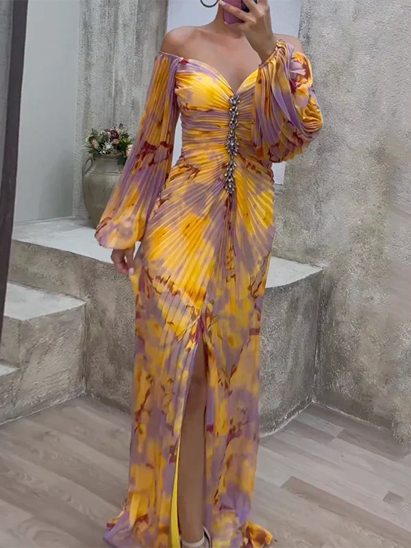 Vestido Maxi de Noche Lujoso - Amarillo y púrpura