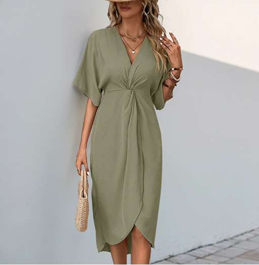 Sanna | Vestido Midi Envoltura de Cóctel de Manga Corta para Mujeres