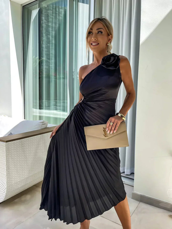 Elegante Vestido Midi de Ocasión Especial con Pliegues en el Hombro