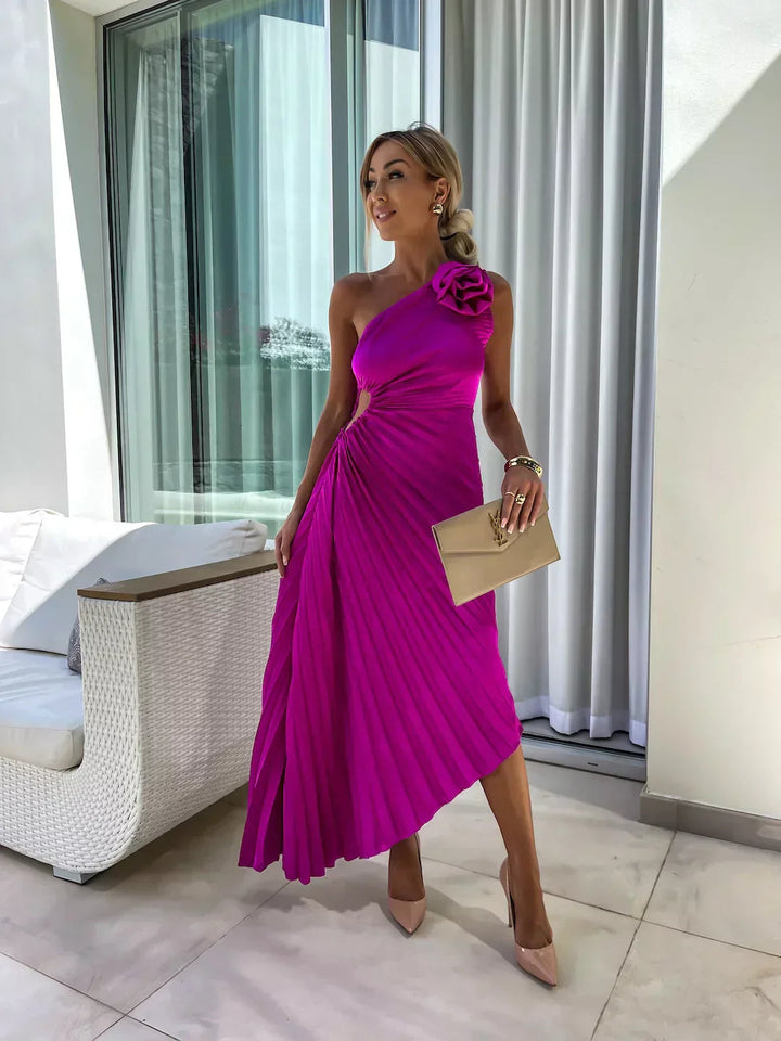 Elegante Vestido Midi de Ocasión Especial con Pliegues en el Hombro
