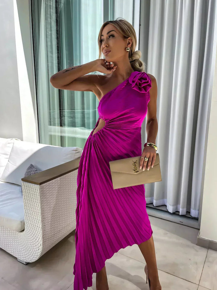 Elegante Vestido Midi de Ocasión Especial con Pliegues en el Hombro