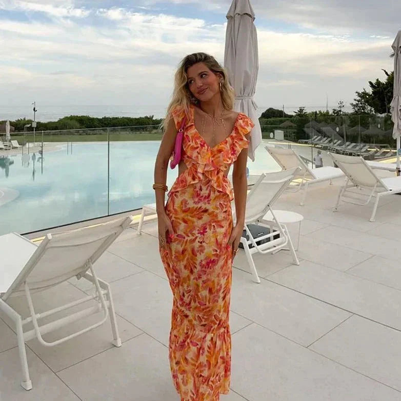 Vestido Maxi de Cóctel de Verano con volantes y patrón floral