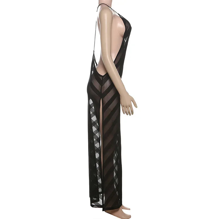 Vestido Maxi Halter de Malla Transparente con Espalda Abierta