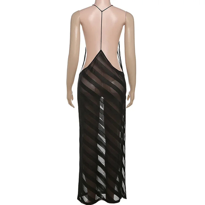 Vestido Maxi Halter de Malla Transparente con Espalda Abierta