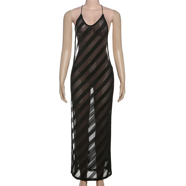 Vestido Maxi Halter de Malla Transparente con Espalda Abierta