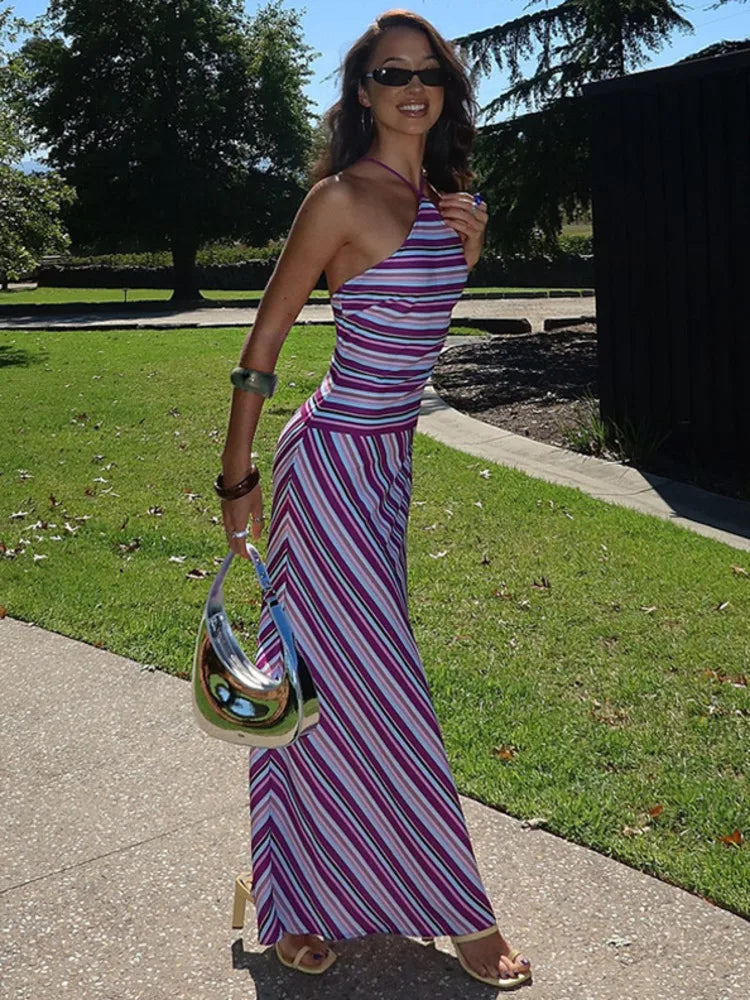 Vestido Maxi de Cuello Halter – Vestido de Silueta Rayada para Mujeres