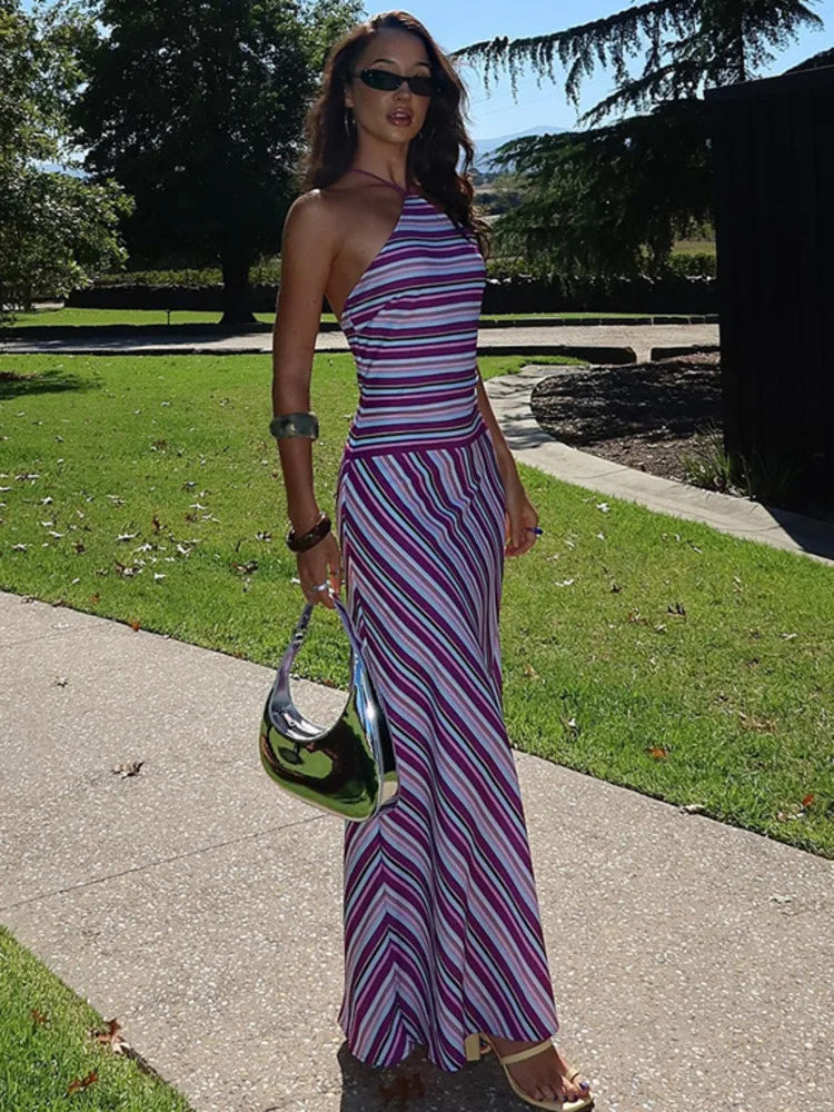 Vestido Maxi de Cuello Halter – Vestido de Silueta Rayada para Mujeres