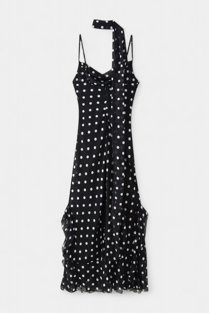 Estefanía Vestido de Gasa con Volantes y Lunares en Negro y Crema