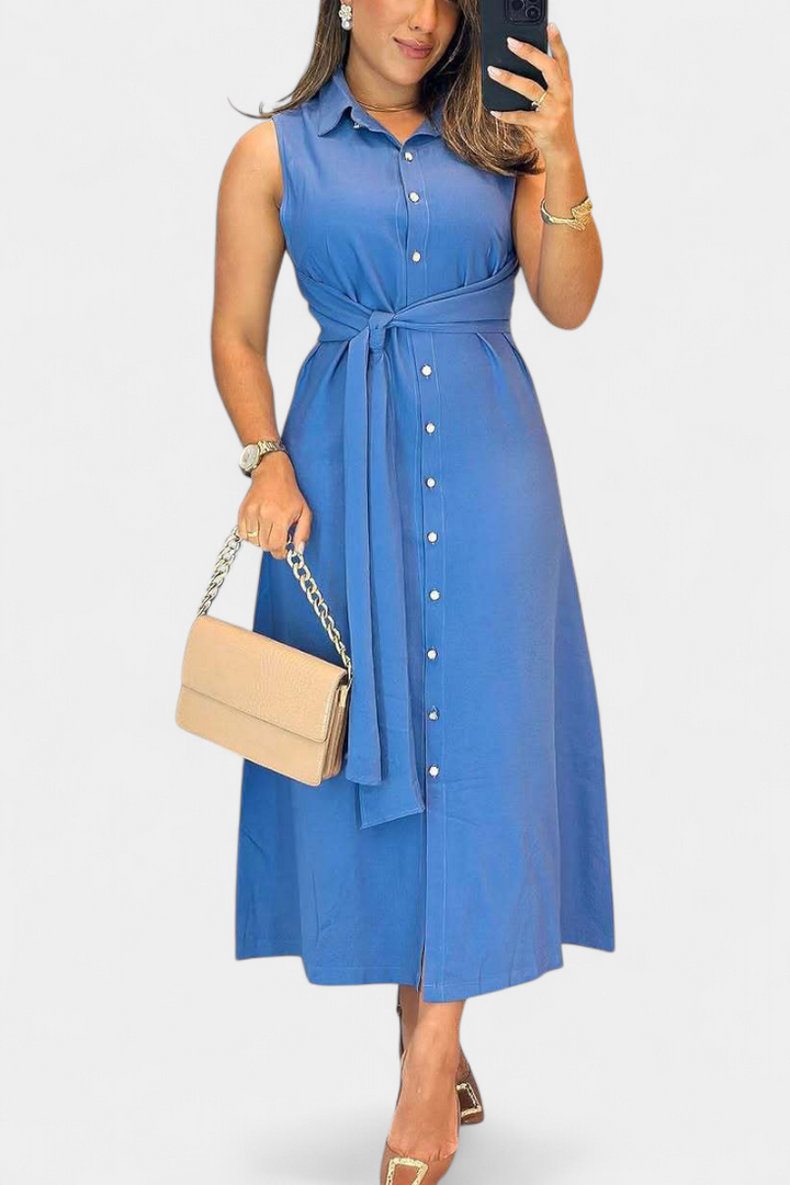 Behnaz Vestido Elegante sin Mangas con Cinturón y Cuello Camisero