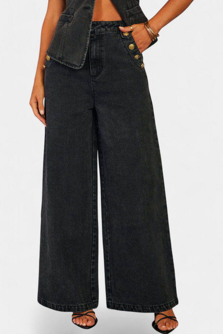 Ludovica Conjunto de Denim con Chaleco Ajustado y Jeans de Pierna Ancha