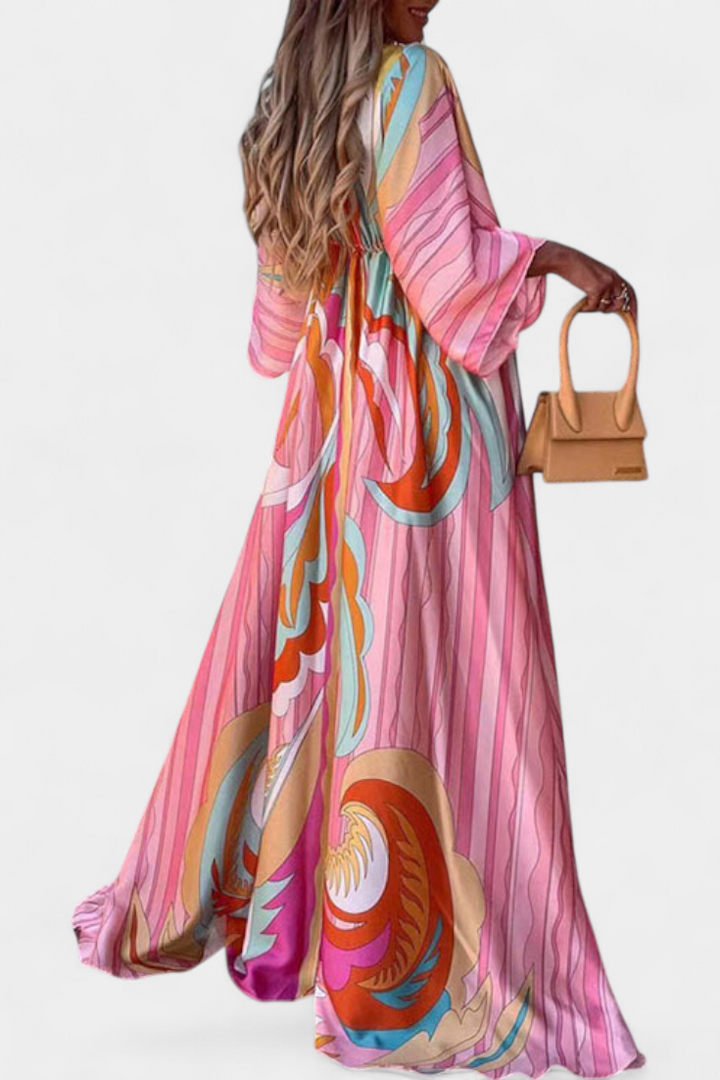 Joelle Vestido Maxi Arcoíris con Escote en V y Manga Murciélago