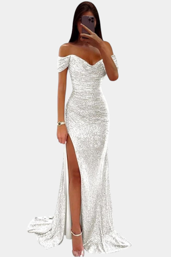 Ariel Vestido de Sirena con Lentejuelas Off-Shoulder