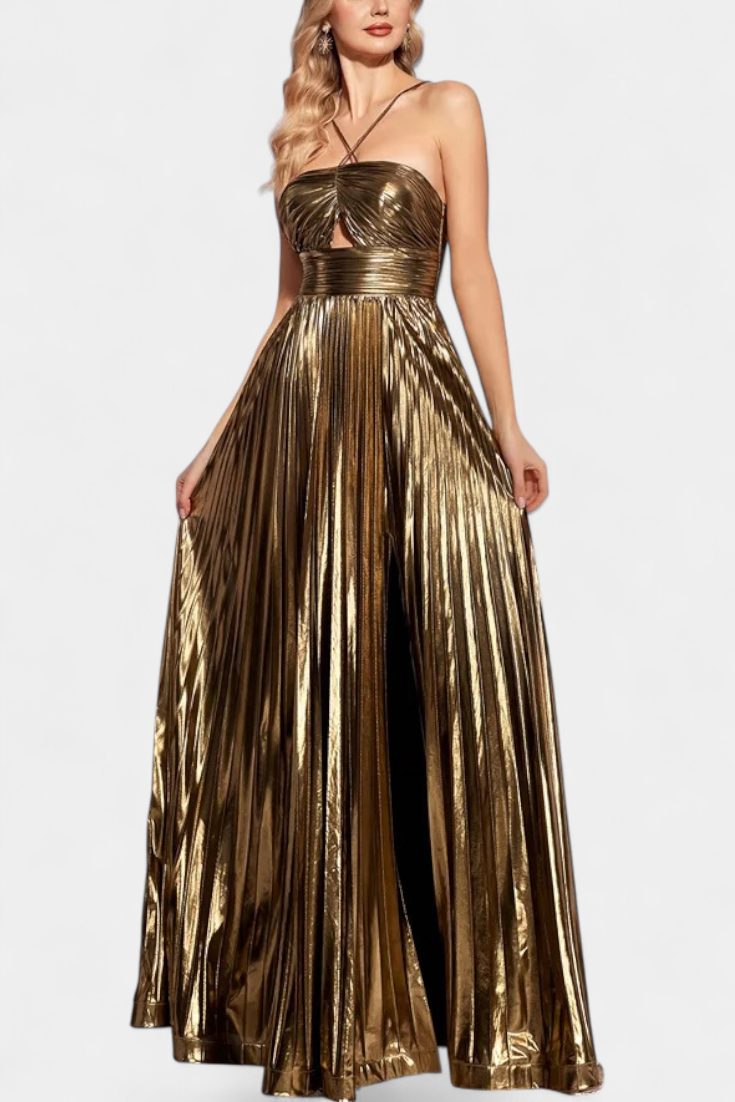 Aikaterini Vestido Maxi Metálico con Cuello Cruzado y Abertura
