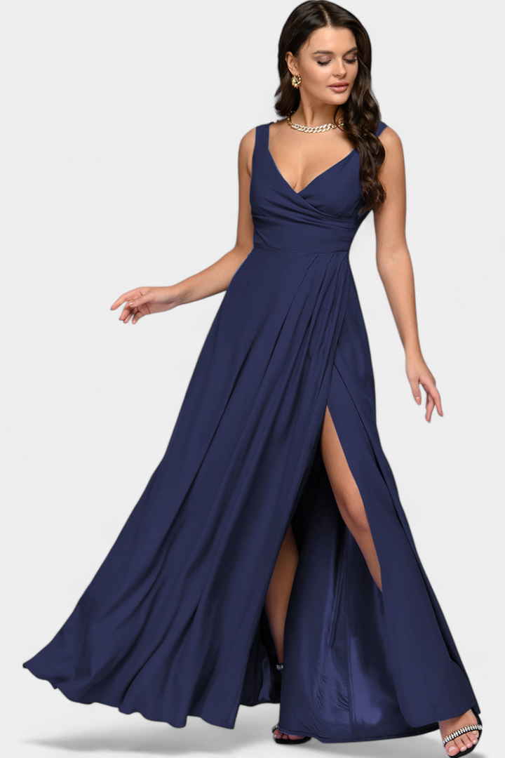 Rocío Vestido Largo con Drapeado Frontal y Escote Cruzado