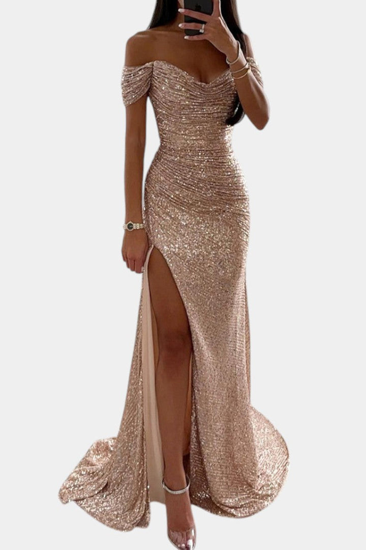 Ariel Vestido de Sirena con Lentejuelas Off-Shoulder