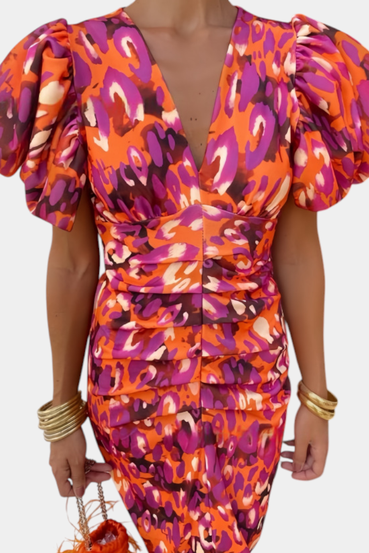Wibia Vestido Estampado con Fruncido Central y Mangas Volumen