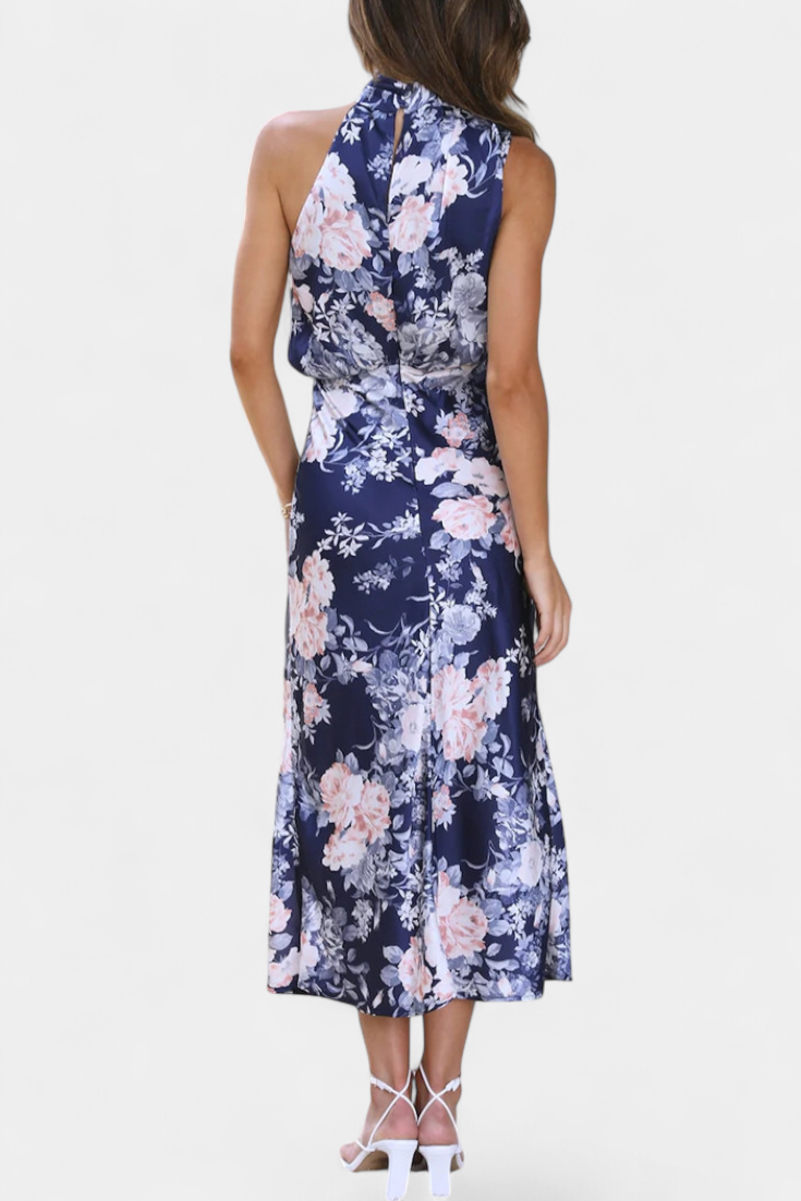 Lisa Vestido Maxi Floral con Cuello Halter y Cintura Elástica
