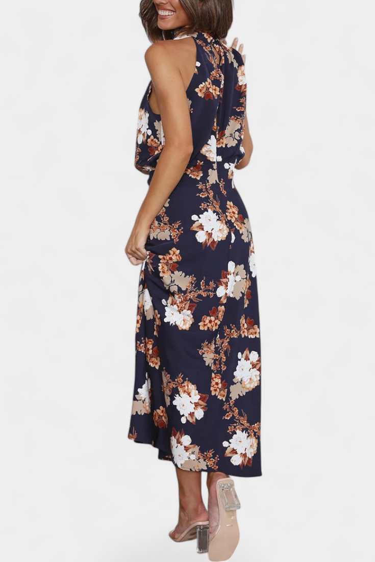 Lisa Vestido Maxi Floral con Cuello Halter y Cintura Elástica