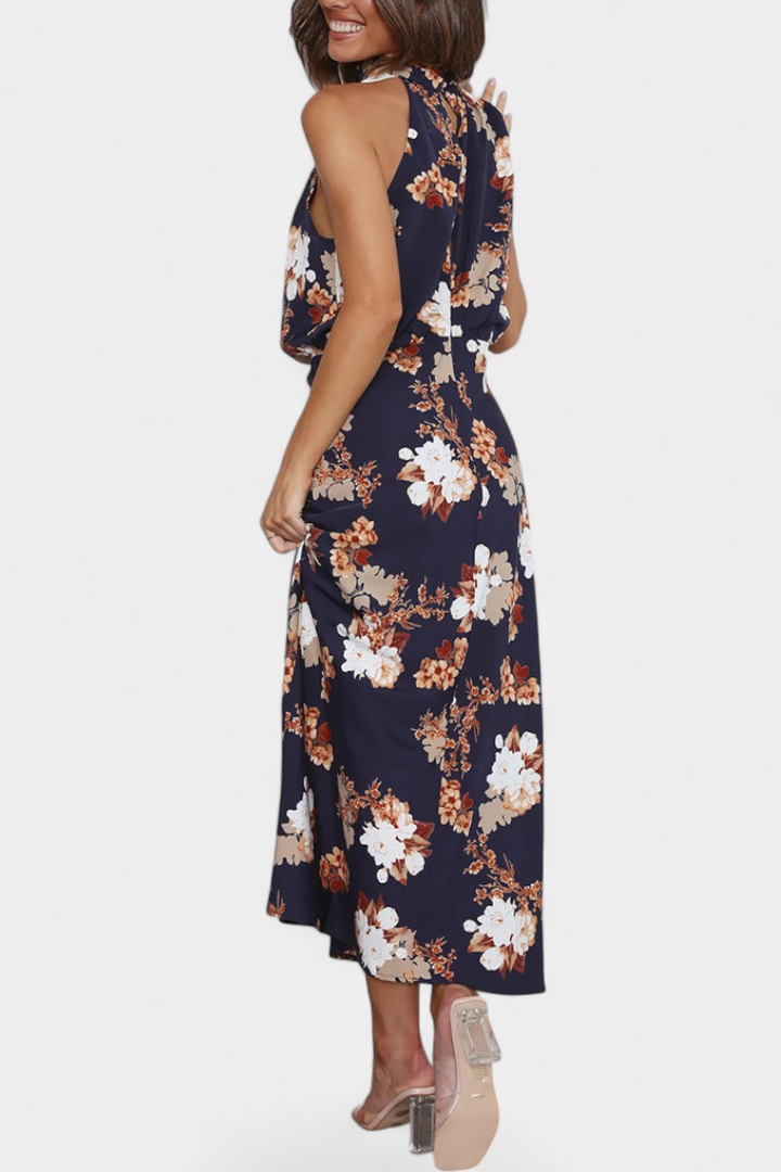 Lisa Vestido Maxi Floral con Cuello Halter y Cintura Elástica