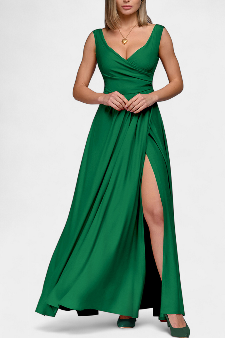 Rocío Vestido Largo con Drapeado Frontal y Escote Cruzado