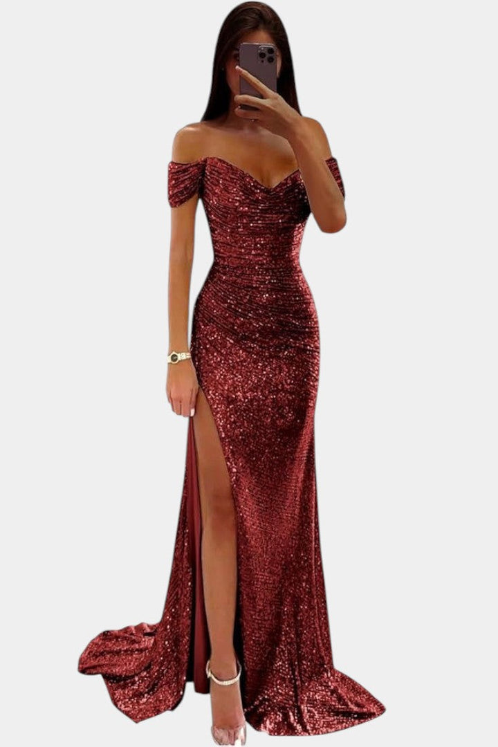 Ariel Vestido de Sirena con Lentejuelas Off-Shoulder