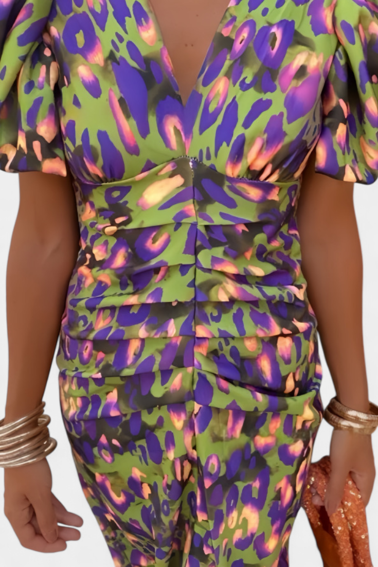 Wibia Vestido Estampado con Fruncido Central y Mangas Volumen