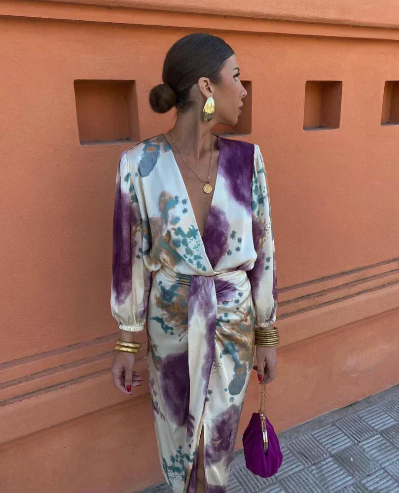 Domenica | Vestido Midi de Cuello en V Impreso para Mujeres