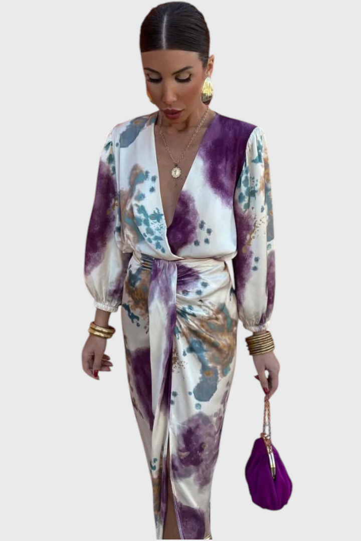 Elara Vestido Maxi con Escote en V Anudado y Estampado Sofisticado